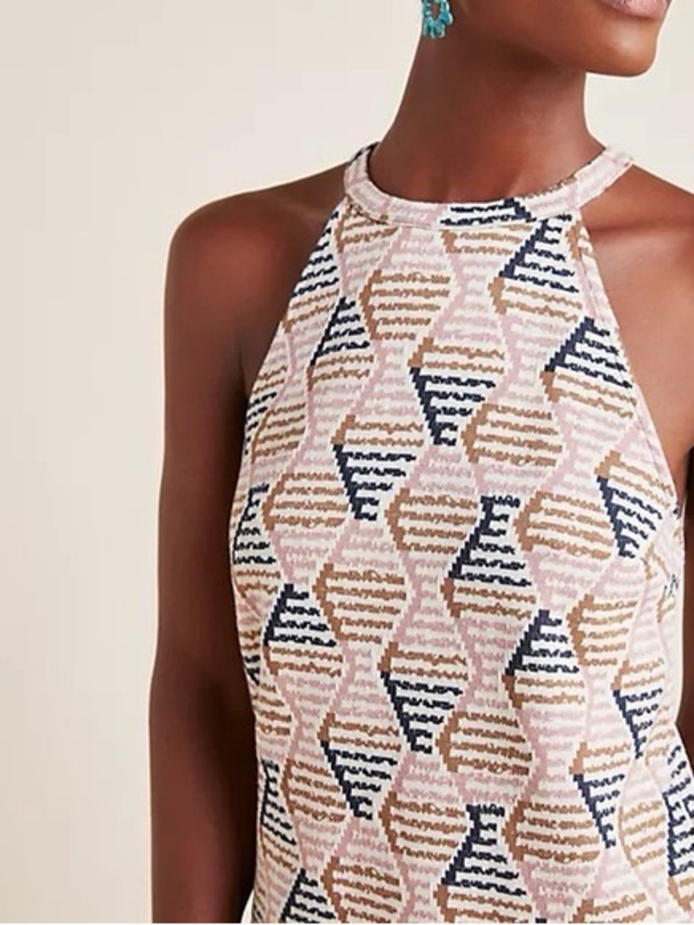 Anthropologie Pink, Navy & Tan Geometric Knit Halter Top